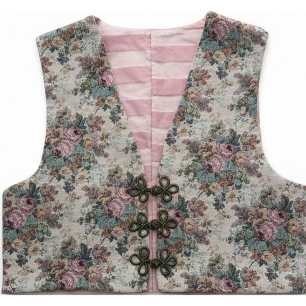 Womens Floral Tapestry Waistcoat Pink Rose Frog Closure Romantic Cottage Vest